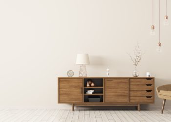 Modern interior of living room with brown wooden cabinet and armchair panorama 3d rendering