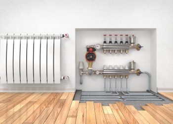 Heating concept. Underfloor heating with collector in the room. Concept of technology heating. 3d illustration