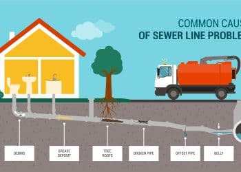 Common causes of sewer line problems infographic and sewer truck