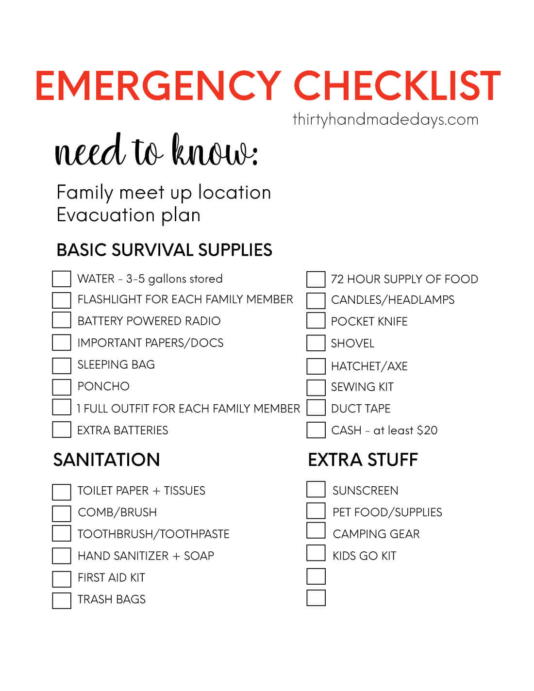 Emergency Supply List