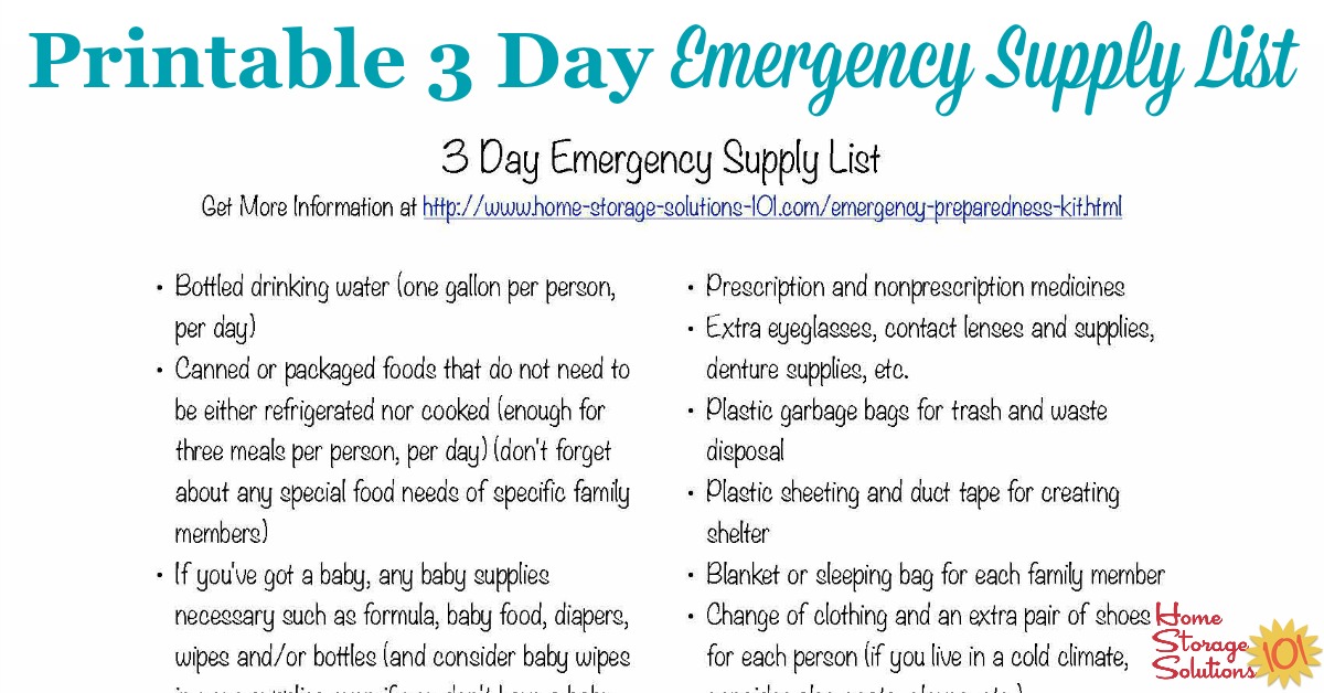 Free Printable 3 Day Emergency Supply List