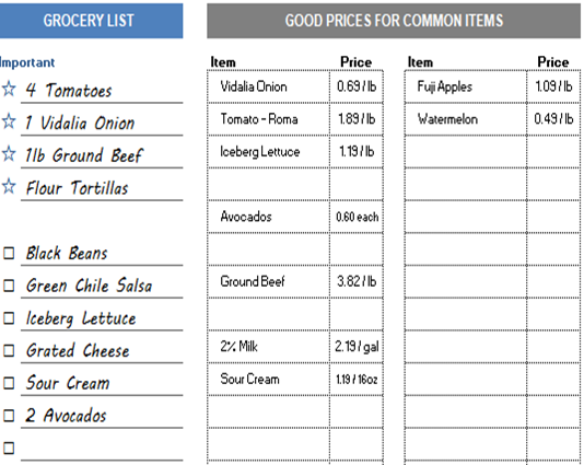 Grocery List Template with Prices
