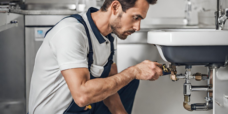 A person fixing a sink Description automatically generated