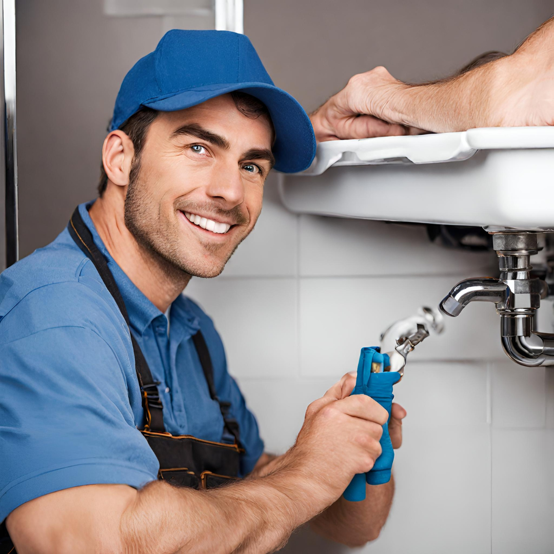 A person in a blue hat fixing a sink Description automatically generated
