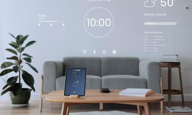 Digital tablet screen with smart home controller on a wooden table