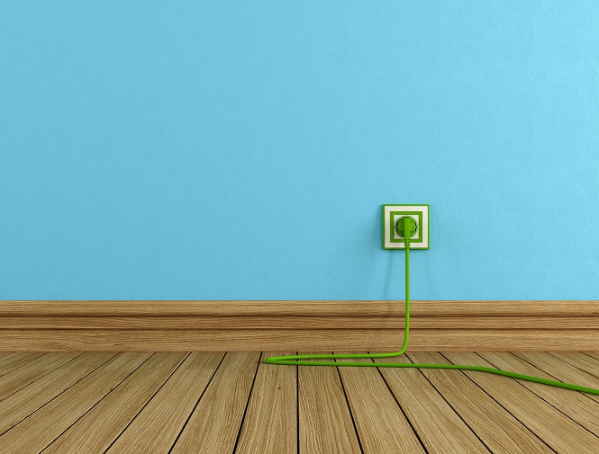 Energy efficiency concept with green electric plugs on blue wall - rendering -