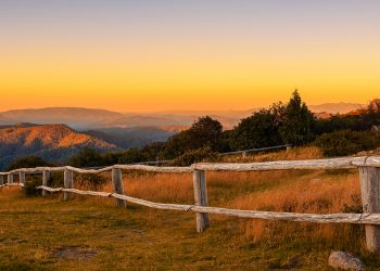 Sunset above Craigs Hut, built as the the set for Man from Snowy River movie in the Victorian Alps, Australia