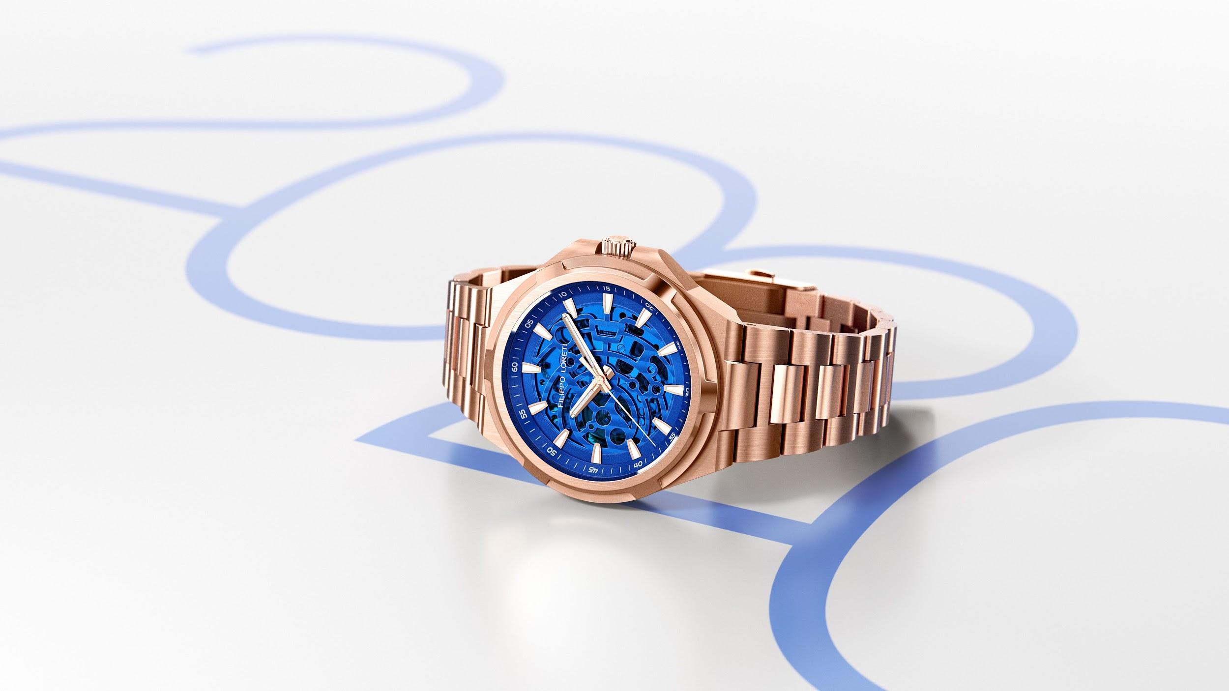Skeleton Rose Gold Blue Automatic Watch from Filippo Loreti
